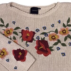Cliche Womens Sweater XL Ivory Floral Embroidered Cozycore Cottagecore